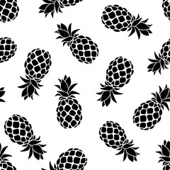 Sticker - Tropical seamless pattern with black pineapples silhouettes on a white background. Vector illustration