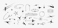 Set Of Icons Of Acid Flare Shapes And Arrows. Supernova Explosion Space Figures In Y2k Korean Style. Vector Illustration