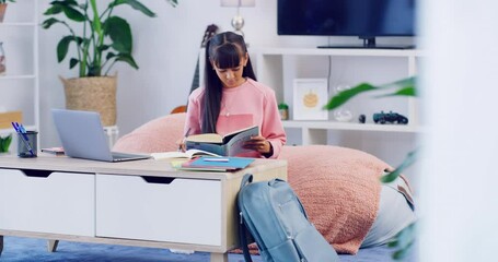 Aufkleber - Young student studying at home for an exam or test. Clever and smart high school teen girl reading a book for research while busy with homework and assignments. A good education for a bright future