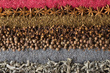 Fototapeta Nowy Jork - Spices and herbs background for website design. Seasonings scattered on the table.