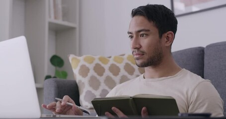 Poster - Studying with distance learning and education. Young man taking an online course on a laptop at home. Freelancer writing notes and browsing online to do research and planning while working remotely.