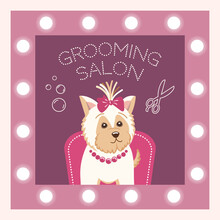 A Stylish Funny And Nice Dog In A Grooming Salon (pet Care Salon), In An Armchair In Front Of A Illuminated Mirror. Pink Pallet Colorors.