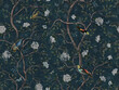 Leinwandbild Motiv Wallpaper of flowers, leaves and branches with birds and dark blue  background