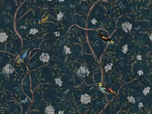 Wallpaper Of Flowers, Leaves And Branches With Birds And Dark Blue  Background