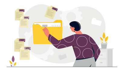 Poster - man with text files. employee at work collects information in electronic archive, cloud service on i
