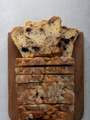 artisan baked cinnamon blueberry bread loaf and slice