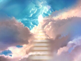 Wall Mural - Illustration of a mystical gateway to heaven and a staircase of clouds, and divine light shining through a gap in the sea of clouds.