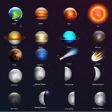 Fototapeta  - Planets of Solar system and comet isolated cartoon set on starry sky background. Vector inner, rocky Mercury, Venus and Earth, Mars. Outer space gas giants Jupiter and Saturn, ice Uranus and Neptune