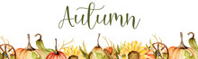 Watercolor Illustration.Autumn. Border Of Pumpkins, Sunflowers, Twigs And Leaves. Fall, Harvest.