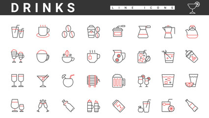 Drink menu for restaurant, thin red and black line icons set vector illustration. Abstract simple cold and hot beverage collection with water juice soda coffee alcohol beer tea wine martini cocktail