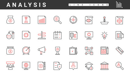 Wall Mural - Technology for business data analysis, thin red and black line icons set vector illustration. Abstract financial strategy and investment calculation of analyst, startup teamwork and education