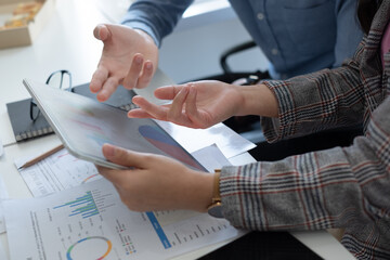 Leinwandbilder - Young business team working with business report document on office desk. Brainstorming Business People Design Planning, Brainstorming Planning Partnership.