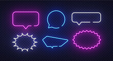 Neon Speech Bubble In Line Art Style On Blue Background. Dialog, Chat Speech Bubble. Electric Power. Vector Design