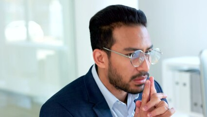 Poster - Software engineer thinking of a solution for desktop web operating system. Thoughtful male IT specialist or expert using his problem solving skills to solve and analyze company data management issues