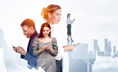 Wall Mural - Teamwork in business company, conference and people with devices