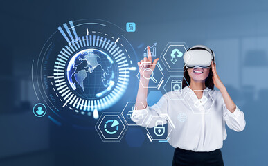 Businesswoman in vr headset, finger touch hologram with earth sphere and icons