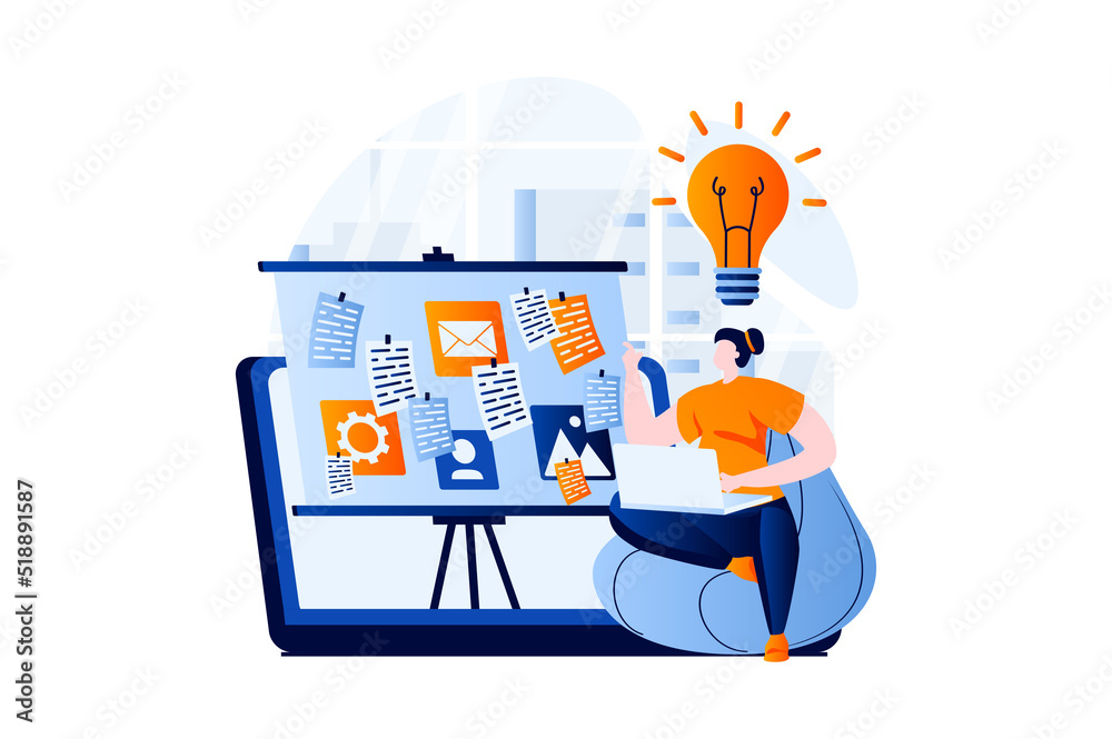 User Insight Cartoon Ui ux design concept with people scene in flat cartoon design. Woman ...