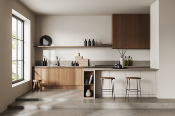 Light kitchen interior with bar countertop, decoration and panoramic window