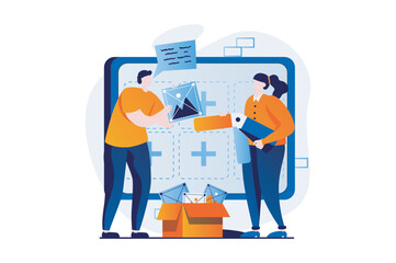 Ui ux design concept with people scene in flat cartoon design. Man and woman create elements for user interface, place buttons on layout for applications. Vector illustration visual story for web