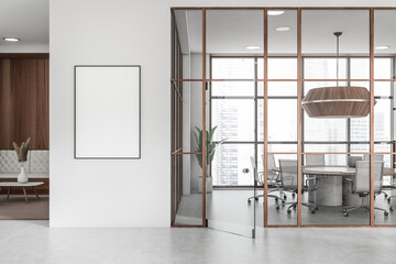 Light conference room interior with round table, panoramic window. Mockup frame