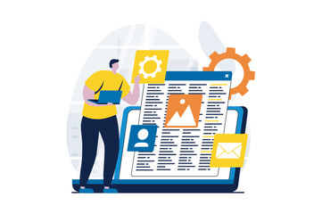 Aufkleber - Web development concept with people scene in flat cartoon design. Man designer creates websites layouts at laptop, programming and testing code on screen. Vector illustration visual story for web