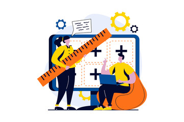 Leinwandbilder - Web development concept with people scene in flat cartoon design. Woman and man designers create layouts, programming and testing code, working in team. Vector illustration visual story for web