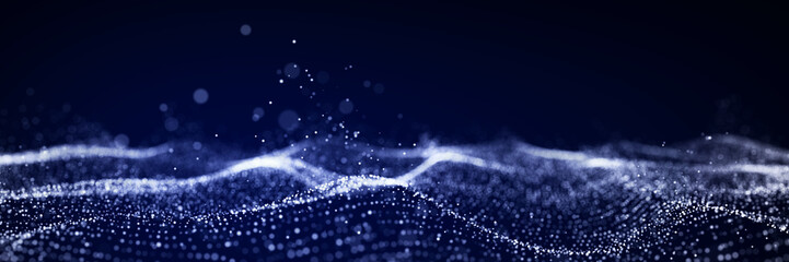 Poster - Dynamic blue particle wave. Futuristic point wave. Flow digital structure. Data technology background. 3D rendering.