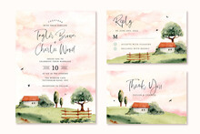 Wedding Invitation Set With Countryside View Watercolor