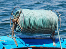 Spool With A Blue Rope To Catch Fish On An Boat