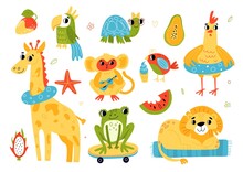 Summer Beach Animals. Funny Characters Sunbathing Process, Relaxing Fauna On Vacations, Turtle, Parrot And Lion On Seashore, Frog On Skateboard, Bright Colorful Travel Swanky Vector Set