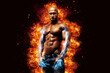 © ZaStock - Brutal strong athletic Bodybuilder posing. Fire and spark explosion in the background.