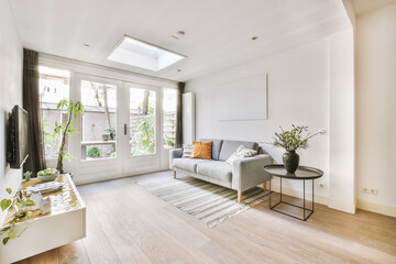 Interior of living room with comfortable sofa and TV against windows in contemporary apartment