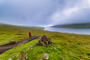 Wall Mural - Walking path at the Leitisvatn on Vagar, Faroe Islands