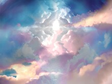 Heavenly Landscape Illustration With Colorful Clouds Drifting In The Beautiful Blue Sky And Light Pouring Down Through The Gaps In The Clouds.
