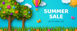 Blooming summer trees paper cut poster. Vector illustration. Horizontal banner header with blue sky, sun, flowers, butterfly, hot air balloon. Place for text. Spring border frame, sale promo card.