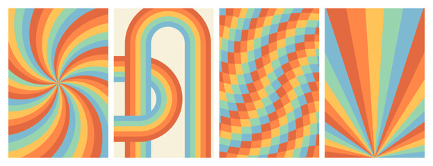 Wall Mural - Groovy rainbow backgrounds. Checkerboard, chessboard, mesh, waves, swirl, twirl pattern. Twisted and distorted vector texture in trendy retro psychedelic style. Hippie 70s aesthetic.