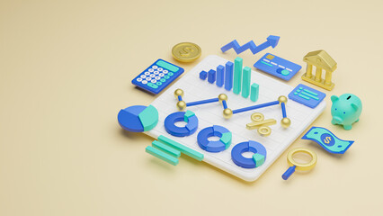 Fototapete - Finance consulting investment business money coins banknotes banking office analysis growth arrow chart report  balance calculator statistic tax financial savings concept. 3d rendering.