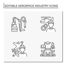  Aerospace Industry Line Icons Set. Helicopter, Rocket And Plane Designing. Aircraft Concepts. Isolated Vector Illustrations. Editable Stroke
