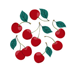 Wall Mural - Tropical set doodle red cherry. Hand drawn berries cherry isolated on white background. for fabric, drawing labels, print, wallpaper of children's room, fruit sbackground