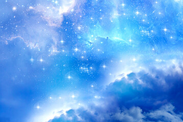 Wall Mural - blue abstract mystic magical cosmic universe spiritual angelic background with stars, nebula, rays o
