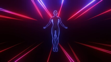Virtual reality digital technology metaverse concept. Human in VR glasses floats in virtual spce. 3d render seamless loop.