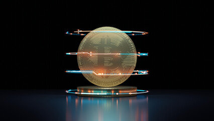 Poster - 3d rendering of glowing bit coin (btc) with futuristic sci fi hologram circular huds background. for