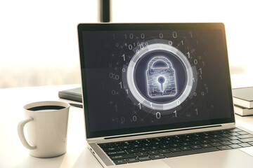 Poster - Computer monitor with creative light lock illustration and microcircuit, cyber security concept. 3D Rendering