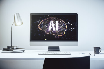 Aufkleber - Modern computer display with creative human brain microcircuit. Future technology and AI concept. 3D Rendering