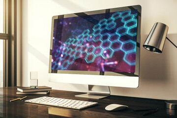 Poster - Creative concept of wireless technology with hexagon hologram on modern laptop screen. Big data and database concept. 3D Rendering