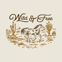 horse illustration desert graphic cactus design western vintage