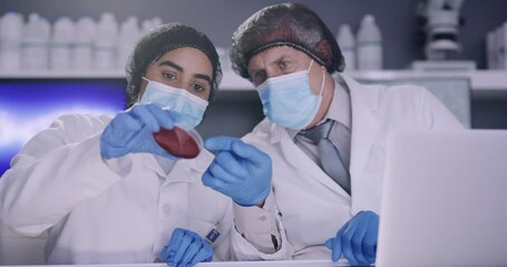Poster - Two scientists experimenting and testing blood samples in medical research laboratory. Pathologists recording findings and results online. Researchers analyzing biochemicals and developing cure