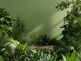 Stone platform pedestal in tropical forest for product presentation and green forest.