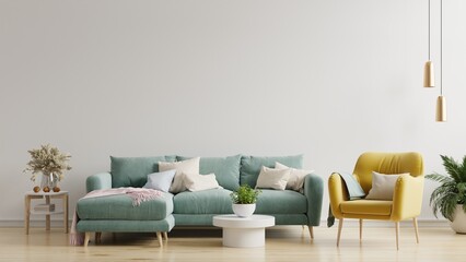 Minimal interior living room has a green sofa and yellow armchair on empty white color wall background.