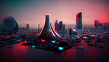 Abstract Futuristic And Sci-fi Neon Night City. Top View Of The Urban Night Landscape. Neon Lights, The City Is Not On The Shore. 3D Illustration.